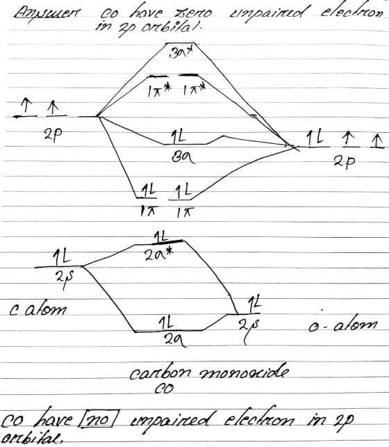Answer Ço have perto unpaired electron Orbital: 39 IT * * 11 2p ↑ 1 1L 1L TA IN 20* calom 29 co carbon monoxide ce have no) e