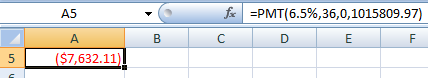 fx C =PMT(6.5%,36,0,1015809.97) D E F ($7,632.11)