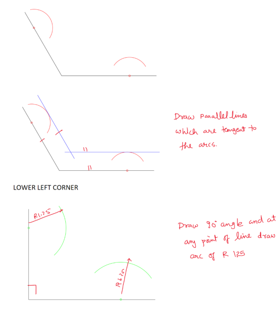 Draw Panallallines whh are tanget to the arcs LOWER LEFT CORNER RI.2S Praw 0 angle and any pant lina dyas R 125 arc ১? 7