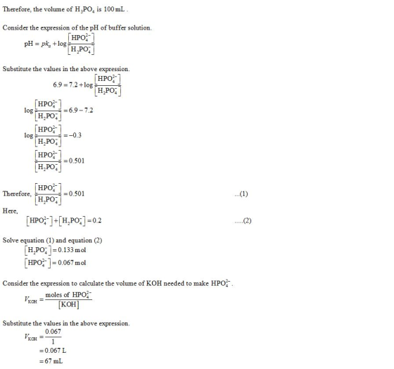 Therefore, the volume of HPO4 is 100 mlL Consider the expression of the pH of buffer solution HPO- pH = pk, +10g Substitute t