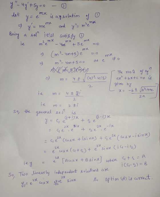 2 mx mx “Eの mx 2 y uyt sy = 0 - 0 het y = e mx is as solution of > y = memx and y= memek Being a sol itll satisfy me – In