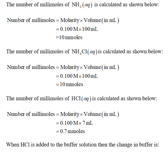 The number of millimoles of NH, (aq) is calculated as shown below: Number of millimoles = Molarity x Volume( in mL) = 0.100 M