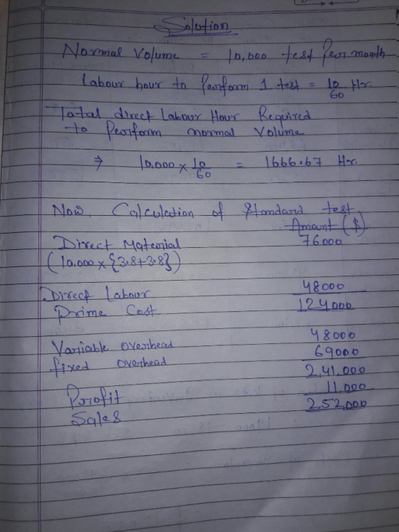 -Solution Normal Volume = 10,000 test for month Labour hour to Perform 1 test = 10 Hor. Total direct Labour Hour Required to