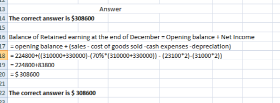 13 Answer 14 The correct answer is $308600 16 Balance of Retained earning at the end of December = Opening balance + Net Inco