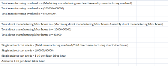 Total manufacturing overhead is = (Machining manufacturing overhead+Assembly manufacturing overhead) Total manufacturing over