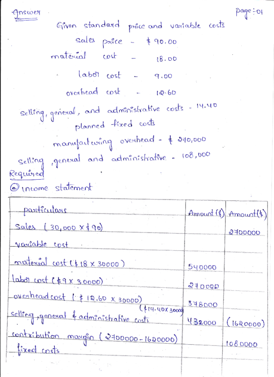 Answer: 1 page: Given standard price and variable costs sales parice - $90.00 material cost - 16.00 .. labor cost - 9.00 over