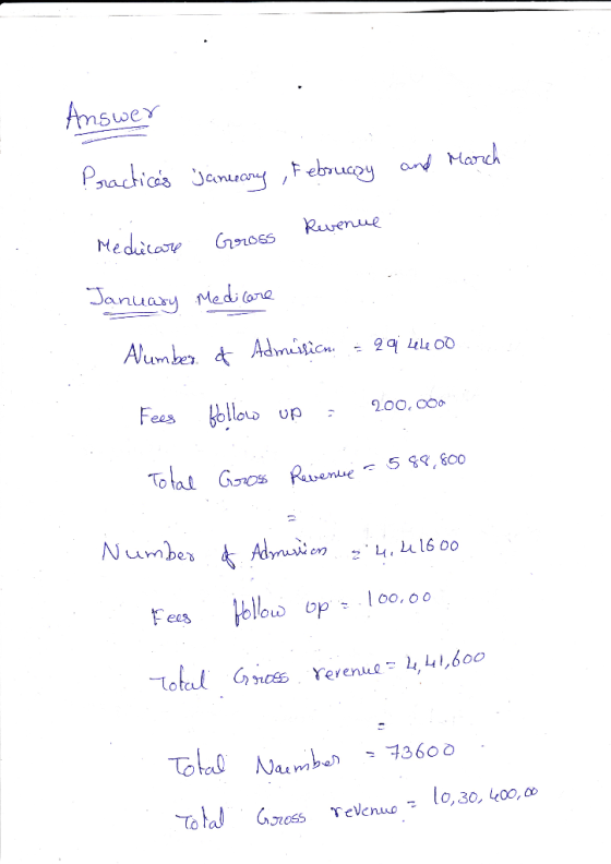 nswer January Practices Februazy and March Medicare Gross Revenue January Medicare Alumber of Admision = 291 Leke od Fees fol