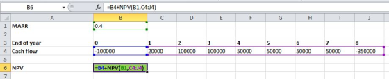 B6 fc =B4+NPV(B1,04:14) B c А o E F G H I 1 MARR 10.4 3 End of year 4 Cash flow 4 50000 5 5 50000 6 50000 7 50000 8 -350000 |