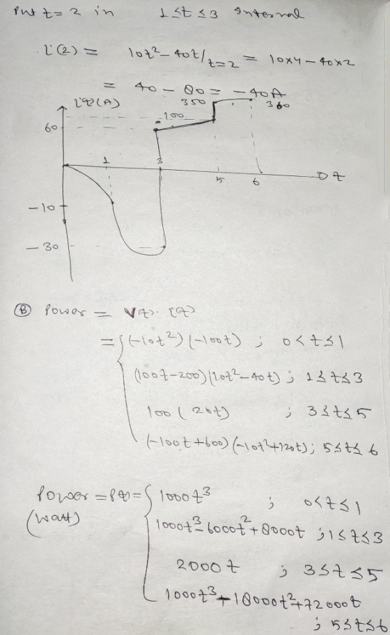 put t=2 in 1st 23 Internal L (2) = lot²_tot = loxy- 90x2 = VOLA to - ooz - 40A 350 360 - 100 so 7 29 ot ® Power = VA [A =stot