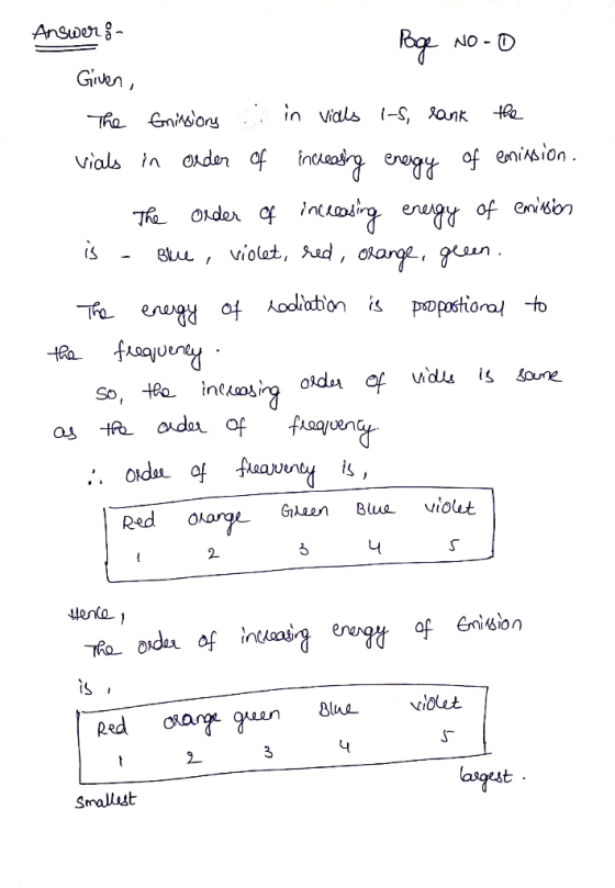 Answer :- Page nooo Given, The Emissions in vials 1-5, lank the vials in order of increasing energy of emission. - The Order