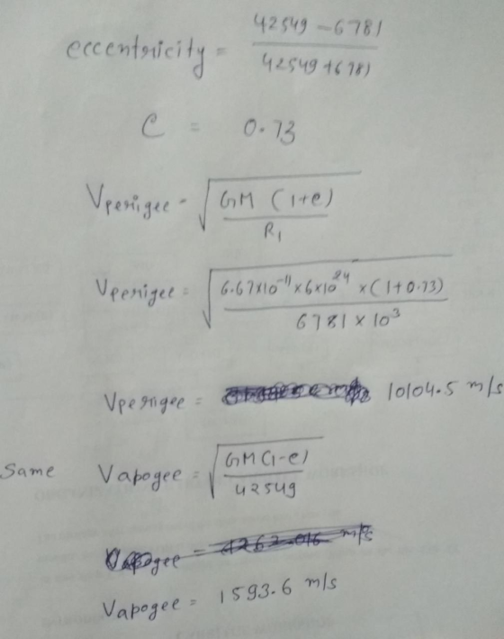 42549-6781 eccentenci 42549 +678) C = 0.73 U periger - I GM Cire) GM Cite) Uperigel 6.67X10 x 6 x 10 x C1+0.13) 6781x10² Upe