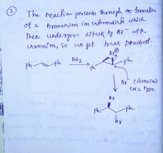 ( The reaction proceeds through an formation of a Bromonium in enfermediate which then undergues attack by Br- with inversion