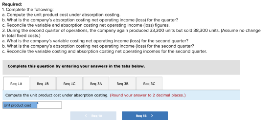 Required: 1. Complete the following: a. Compute the unit product cost under absorption costing. b. What is the companys abso