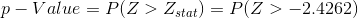 p-Value = P(Z > Zstat) = P(Z > -2.4262)