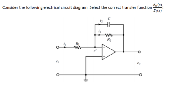 Consider the following electrical circuit diagram. Select the correct transfer function E.(s). E{() із ww R2 ej eo