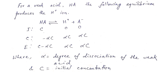 o duc For a weak acid, HA the following equilibrium produces the Htion. . HA HATA Ii C 0 0 ..: xc ac ac E: c-dc xe xe Where,