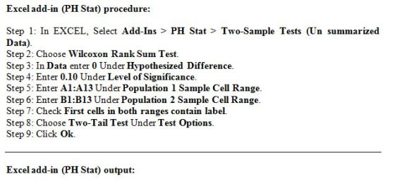 Excel add-in (PH Stat) procedure: Step 1: In EXCEL, Select Add-Ins > PH Stat > Two-Sample Tests (Un summarized Data). Step 2: