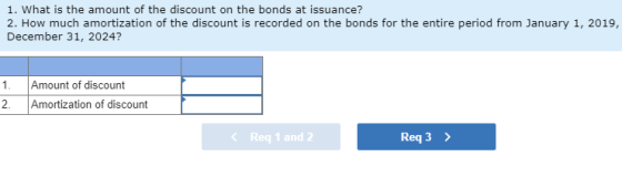 1. What is the amount of the discount on the bonds at issuance? 2. How much amortization of the discount is recorded on the b
