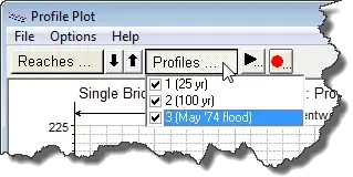 Profile Plot File Options Help Reaches 1 (25 yr 2 (100 yr 3 (May 74 Hood Pro Single Brid entw 225