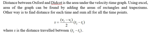 Distance between Oxford and Didcot is the area under the velocity-time graph. Using excel, area of the graph can be found by