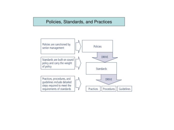Policies, Standards, and Practices Policies are sanctioned by senior management Policies DRIVE Standards are built on sound policy and carry the weight of policy Standards Practices, procedures, and guidelines indlude detailed steps required to meet the requirements of standards DRIVE PracticesProcedures Guidelines