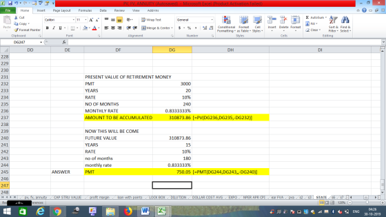PV, FV, ANNUITY (Autosaved) - Microsoft Excel (Product Activation Failed) Review View Add-Ins Formulas Data - 2x 11 Dr Genera