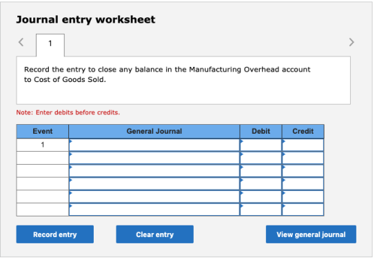 Journal entry worksheet Record the entry to close any balance in the Manufacturing Overhead account to Cost of Goods Sold. No