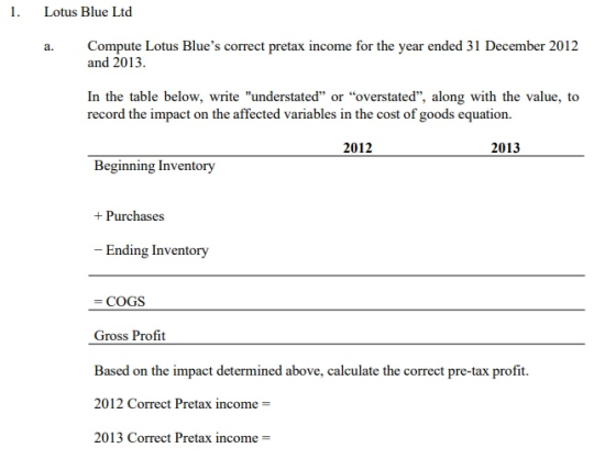 1. Lotus Blue Ltd Compute Lotus Blues correct pretax income for the year ended 31 December 2012 and 2013. In the table below