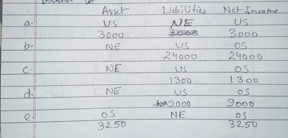 Liabilities a. Asset US 3000 NE b. US 24000 NE Net Income US 3000 OS 24000 os 1300 OS gooo OS 3250 1300 d. NE dagooo NE OS 32
