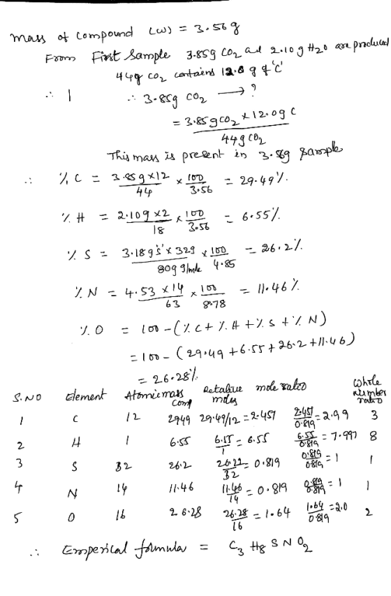 mass of compound (w) = 3.56 g From First Sample 3.859 co₂ and 2.10 g H₂o are produced 448 con contains 12:09 q c . 1 3859 co