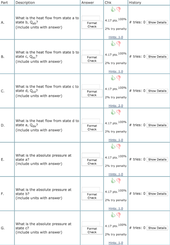 Part Description Answer Chk History 4.17 pts. 100% A. What is the heat flow from state a to state b, Qab? (include units with