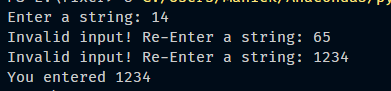 Enter a string: 14 Invalid input! Re-Enter a string: 65 Invalid input! Re-Enter a string: 1234 You entered 1234