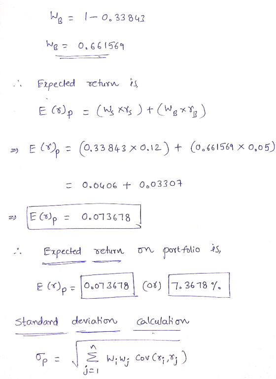 O 33 842 0.0406 + 0,0330 Expected etun on port-folio s, E (T)рг |0,07 36781 Coð) 17. 36787. standard deviahon, alculah ơn
