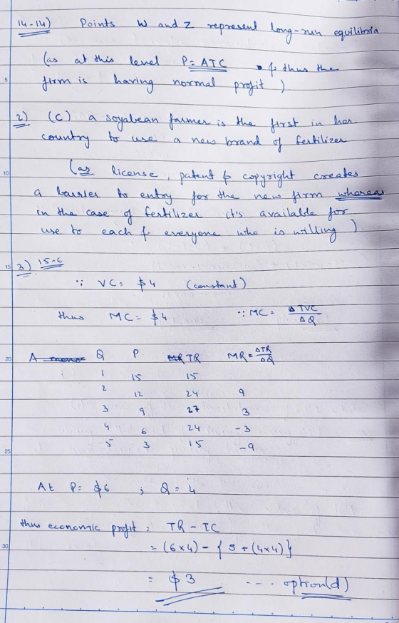 14-14) Points W and represent long-run equilibria level P = ATC (as at this firm is having normal of this then profit ) 2) so