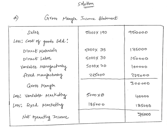 solution Gross Margen Income statement 5000x 190 950000 125000 sales Less: Cost of goods sold? Direct Materials Direct Labor