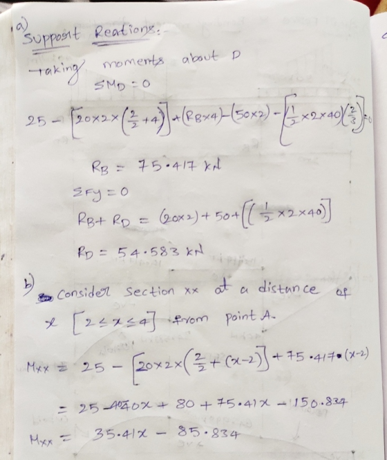 1a) Reations. Supposit Taking moments about a SMD=0 25 (30** *3.a)albama) kooss) extoll RB = 75.417 kal Efy=0 RB+ RO = (20 x