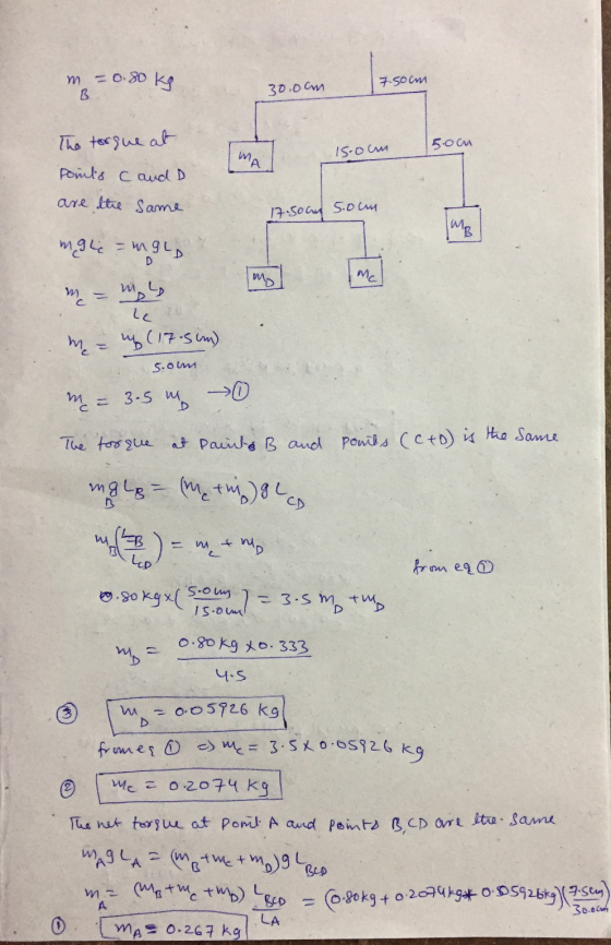 m=0.80 kg 30.0cm 7.50 m 5.ou MA is om 17.500 5.0 The torque at Points cand are the same male = inge m = 4 Mo MC m u (17.5 som