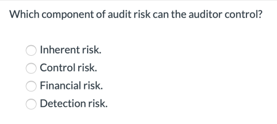 Which component of audit risk can the auditor control? O Inherent risk. o Control risk. O Financial risk. O Detection risk.