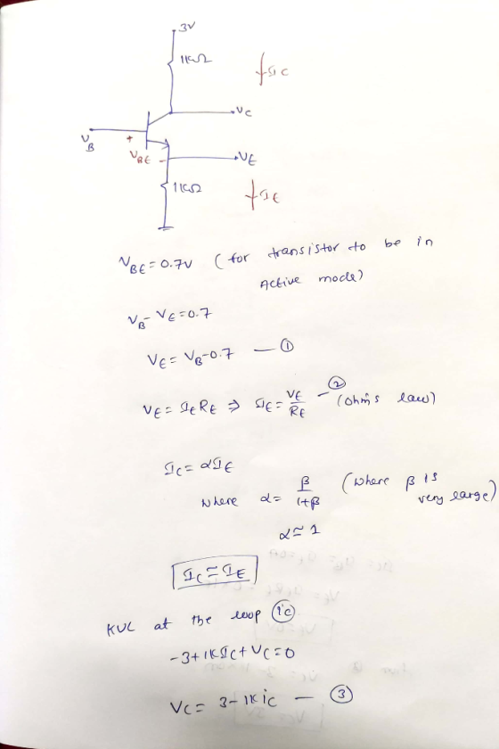 3v non 112 fac VE 1 BE=0.70 (for transistor to be in Active mode) VE VE = 0.7 VE = V8-0.7 -0 VEDERE » SE- VE - Tohms law) Ic=