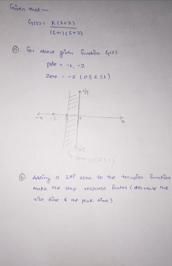 Given that - Gy(s) = K (S+Z) IS+1)(5+2) ②. for above given function Ges) pole = -1, -2 Zero = -Z Cosz (1) » Zero roszę !) 6.