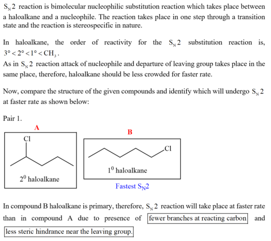 S2 reaction is bimolecular nucleophilic substitution reaction which takes place between a haloalkane and a nucleophile. The r