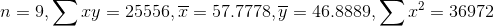 n=9,\sum xy=25556,\overline{x}=57.7778,\overline{y}=46.8889,\sum x^2=36972