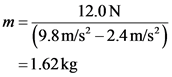 m
=
12.0N
(9.8m/s– 2.4m/s)
= 1.62 kg