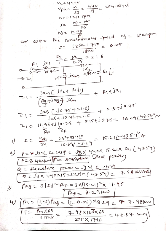 V=4you upha 2 = 440 - 254,034 v Nr=1710rpm J? 3 SE sa No - Nr = TV for 60Hz In Nga 1200 the synchronowy speed Nga Igoopm so 1