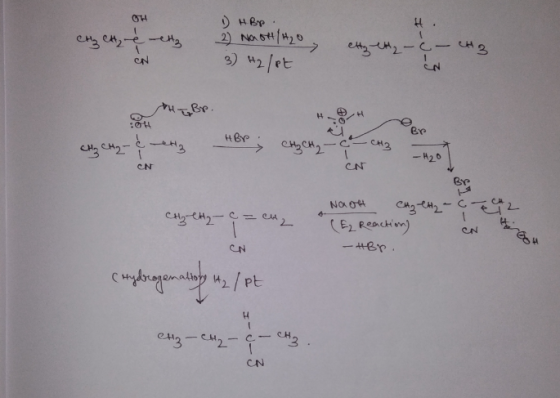 - ен, се 1 HBp. 2 NO GH/H2O 3) H2/pt etty ete-c- I-u-g CH3 5 HBP HCH. CH3 CH CH₂ - ¢ ON ON CH₂ CH2-C = ch2 NaOH CH₂ CH2 - ce