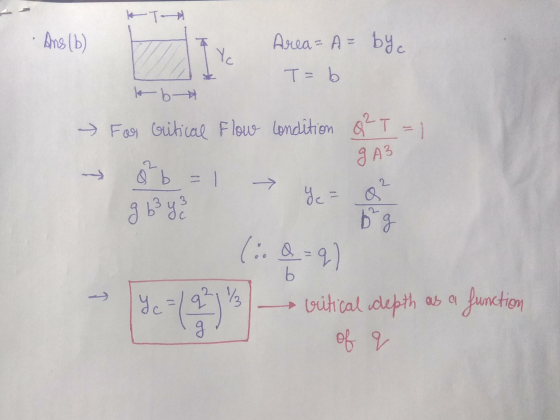 Ans (b) Area = A= byc T= b to b * → Fog Gritical Flow condition I 92 T = 1 g AB y = g 63 43 vitical depth as a function