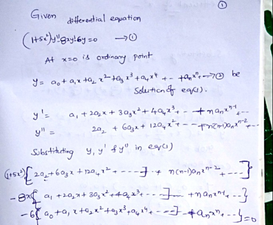 o ->0 Given differential equation (itsely! gay! by=0 At x=0 is ordinary point Y= not axta, x² tez x3 +94x4 + topx & 7 be Sol