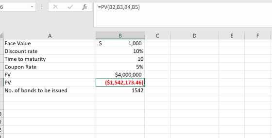 =PV(B2,B3,B4,B5) co $ Face Value Discount rate Time to maturity Coupon Rate FV B 1,000 10% 10 5% $4,000,000 ($1,542,173.46) 1