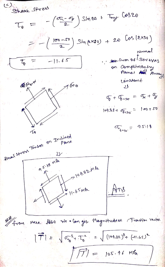 V Shear stress Cosco Oy - Commen Simico + Try To =-119505) Sim (2x30) 20 -11.65 Cos (EX30) Normal o sum of stresses complime