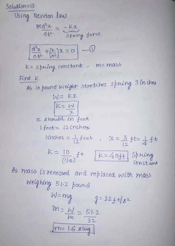 Solution=13 Using Newton law ma²x = - KX dt spring force al te madhe = 01-0 spering constant m = mass Find K As 10 pound Weig